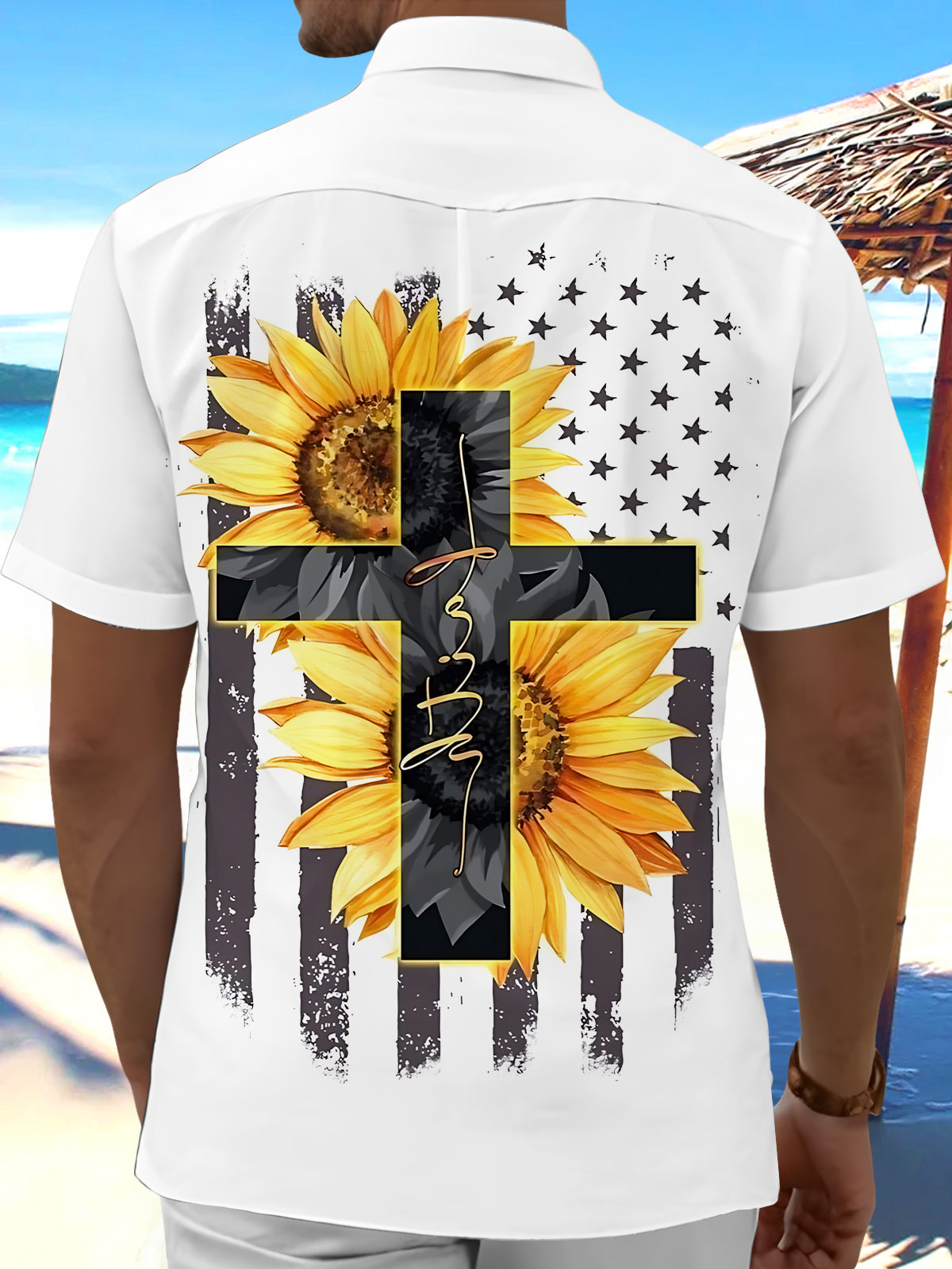 Faith Sunflower Cross American Flag Print Men's Pocket Short Sleeve Shirts