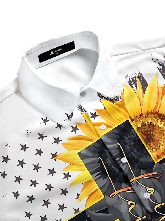 Men's patriotic short sleeve shirt with sunflower cross and American flag print, side view