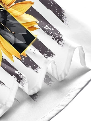 Men's short sleeve shirt with American flag print and sunflower cross design, lifestyle view