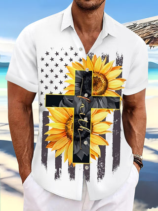 Men's short sleeve shirt with American flag print and sunflower cross design, front view