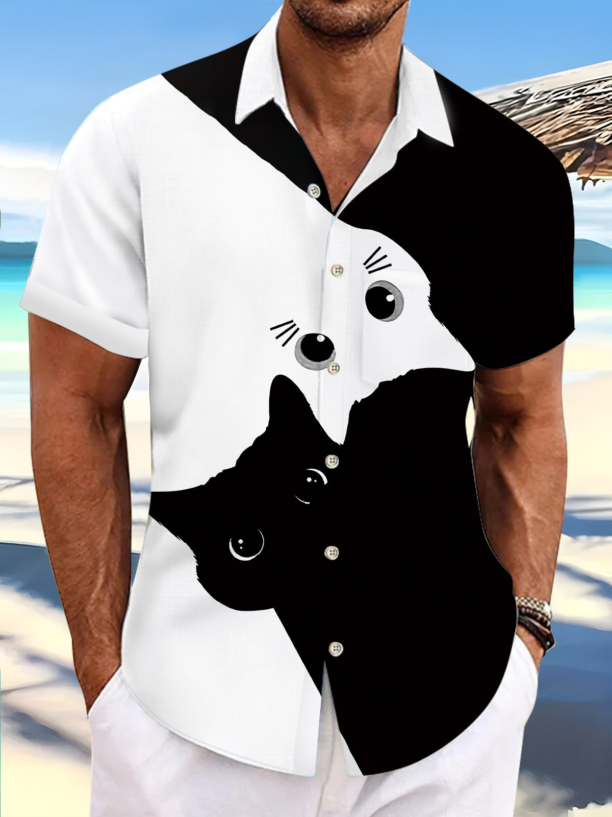 Cat Print Men's Pocket Short Sleeve Shirts