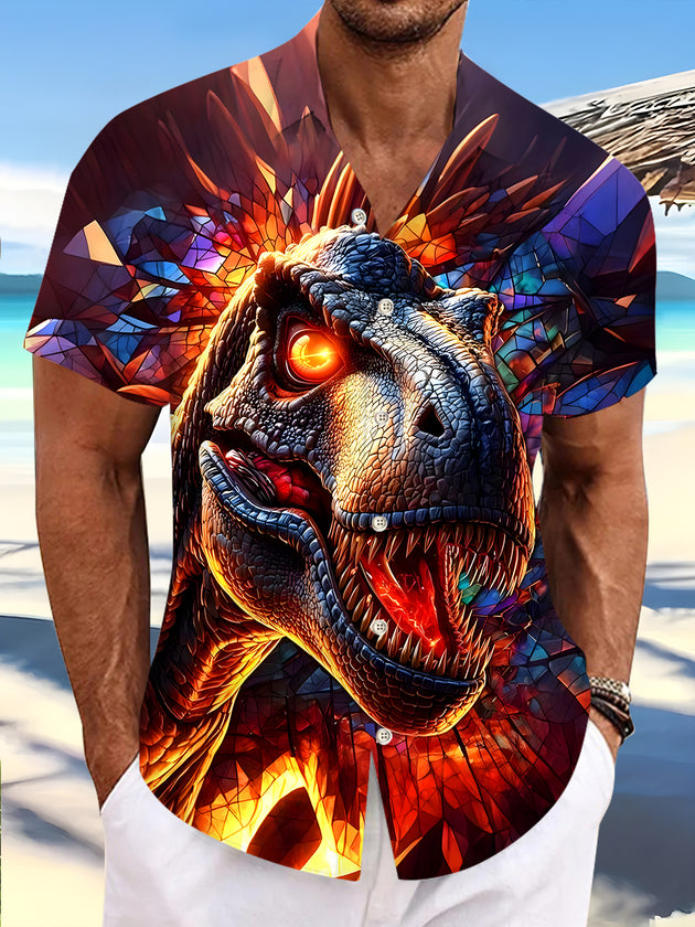 Men's Dinosaurs Pattern Pocket Short Sleeve Shirts Front View