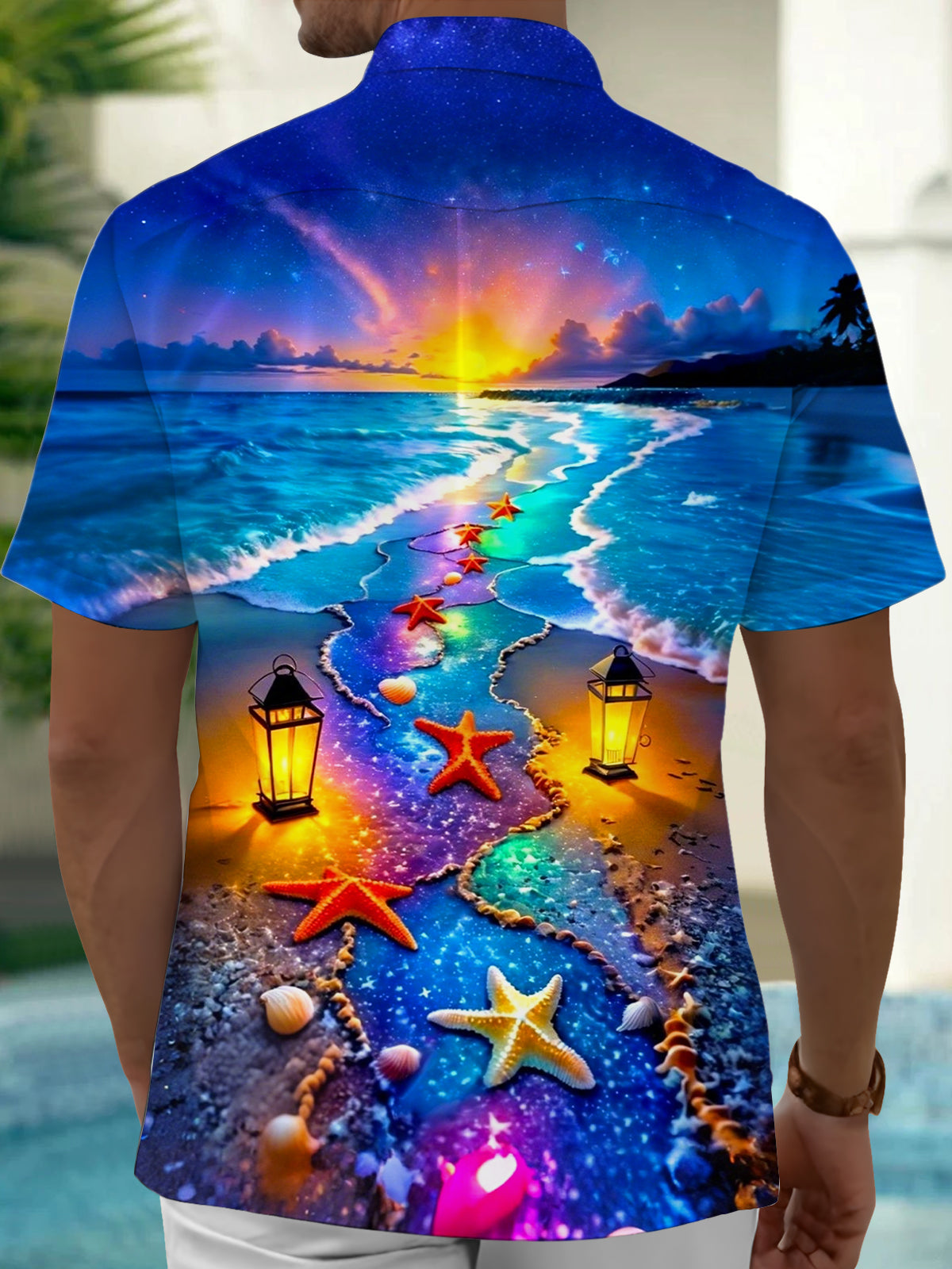 Beach Scenery Print Men's Pocket Short Sleeve Shirts