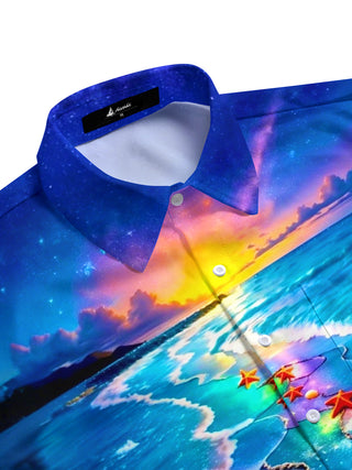 Men's coastal beach scenery print short sleeve shirt side view