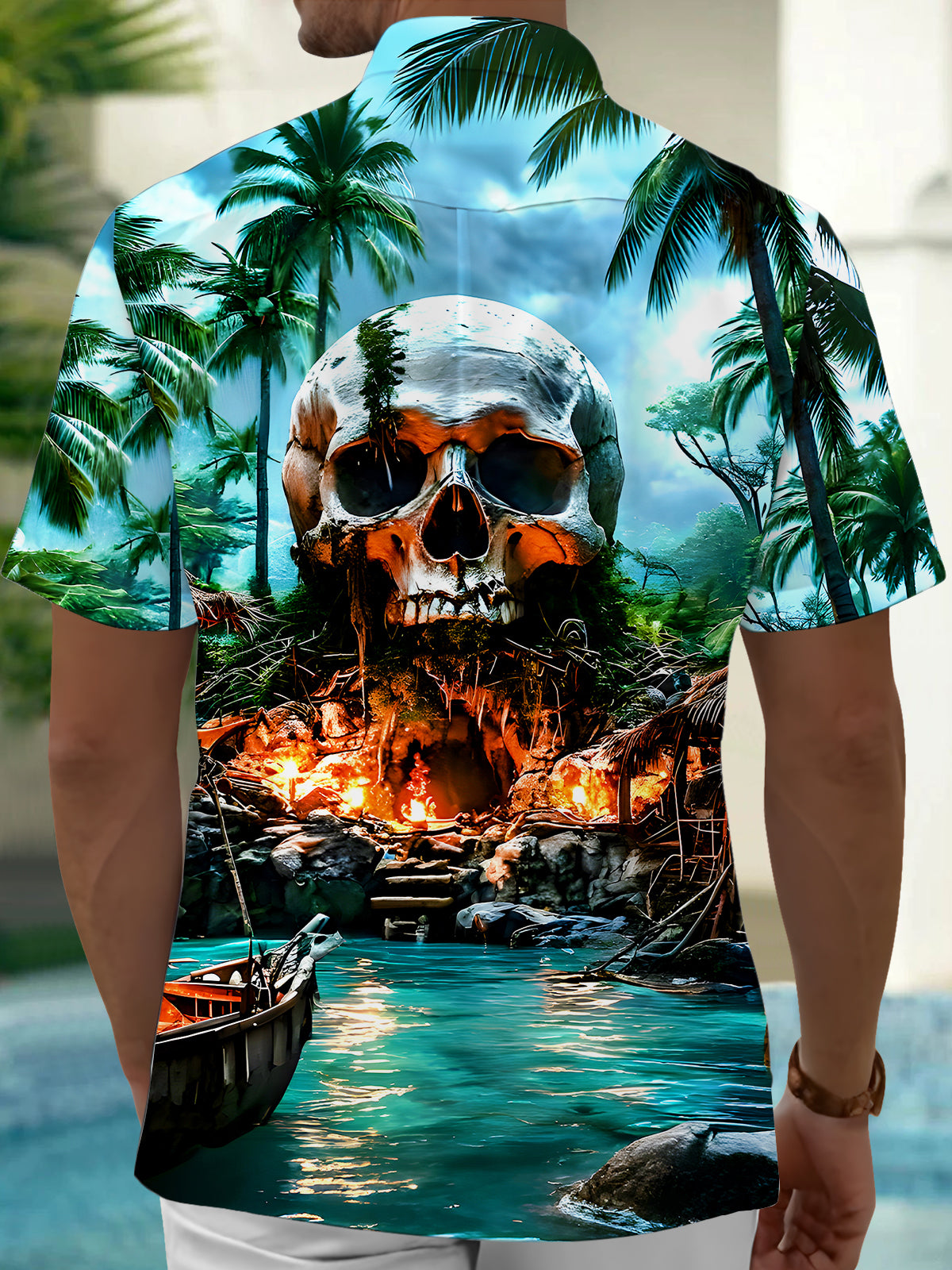 Hawaiian Skull Coconut Tree Men's Pocket Short Sleeve Shirts