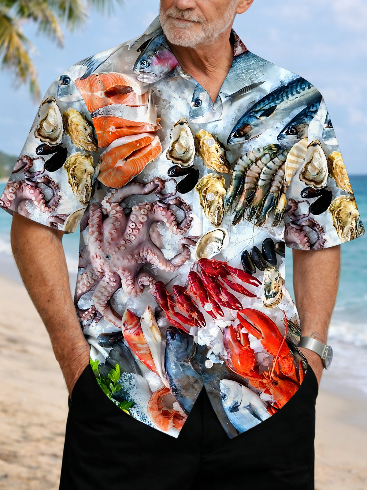 Seafood Print Men's Pocket Short Sleeve Shirts