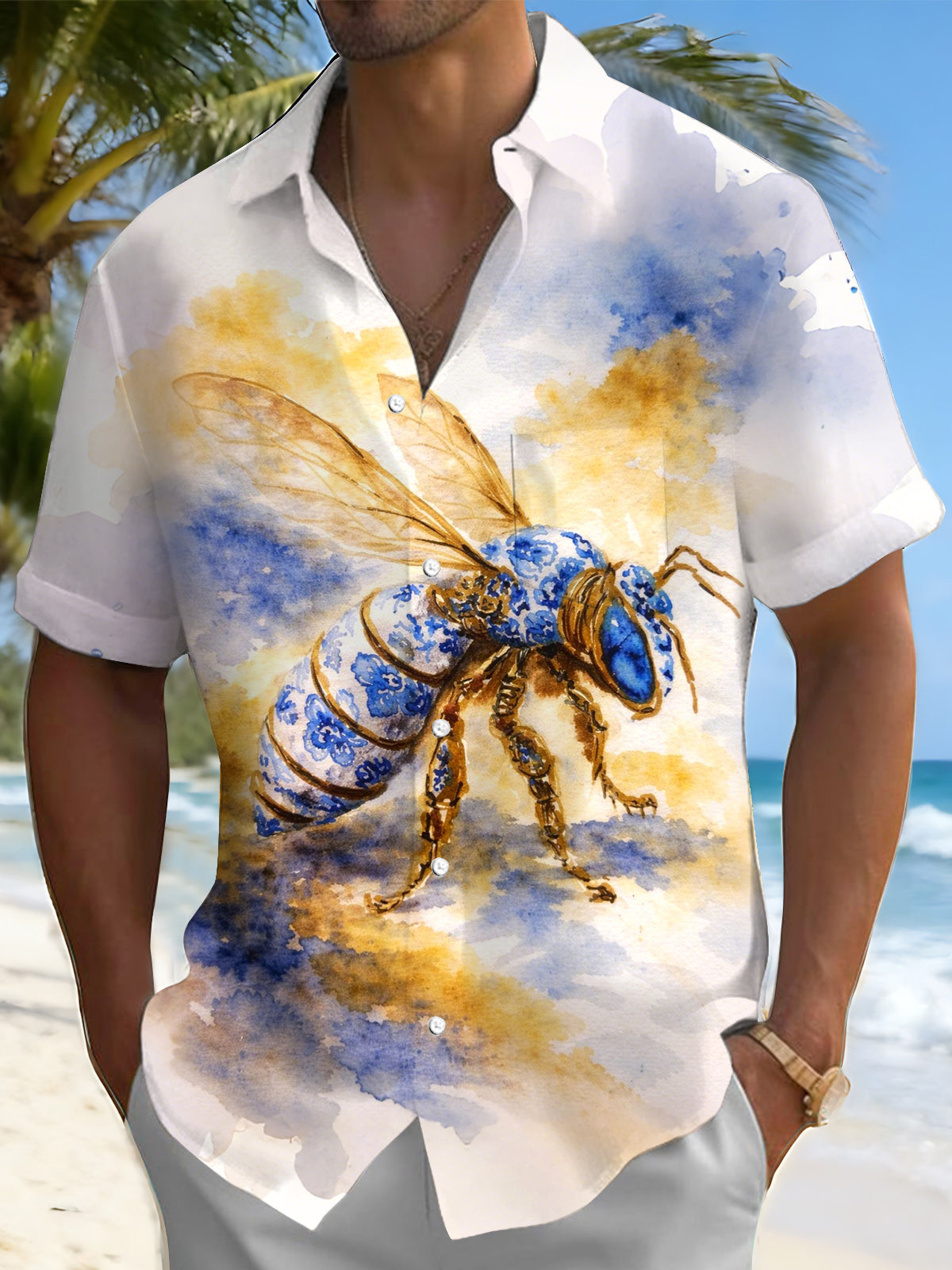 Bee Print Men's Pocket Short Sleeve Shirts