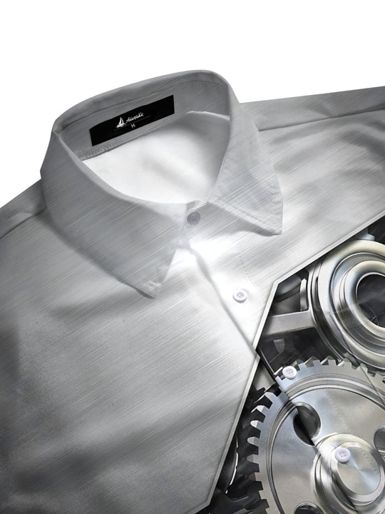 men's side view short sleeve shirt with gear print