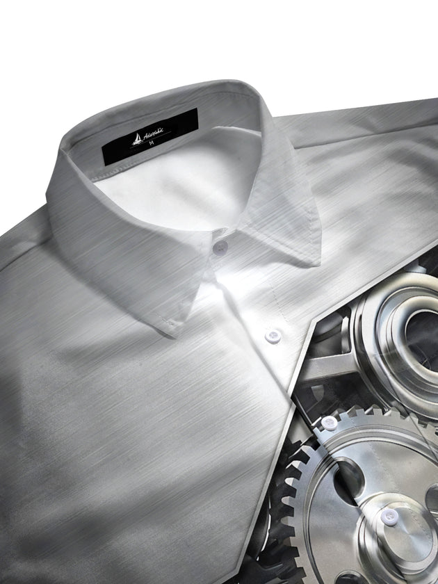 men's side view short sleeve shirt with gear print