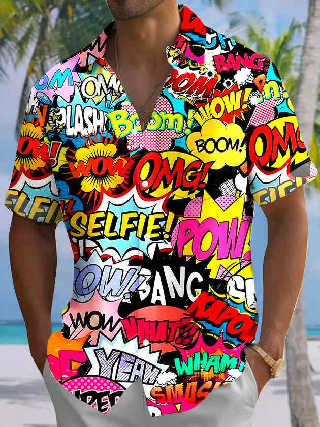 Men's funny word print pocket short sleeve shirt front view