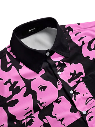 Men's casual short sleeve shirt with artistic face print, side view showing pocket detail