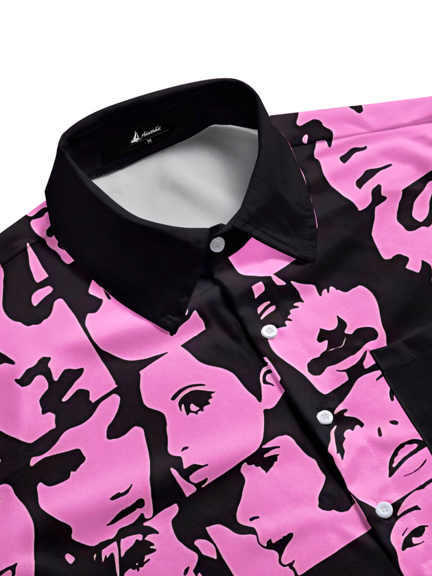 Men's casual short sleeve shirt with artistic face print, side view showing pocket detail
