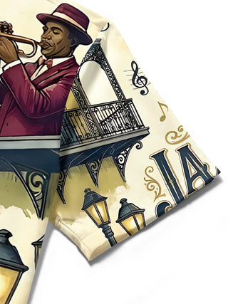 men's retro print shirt close-up short sleeve