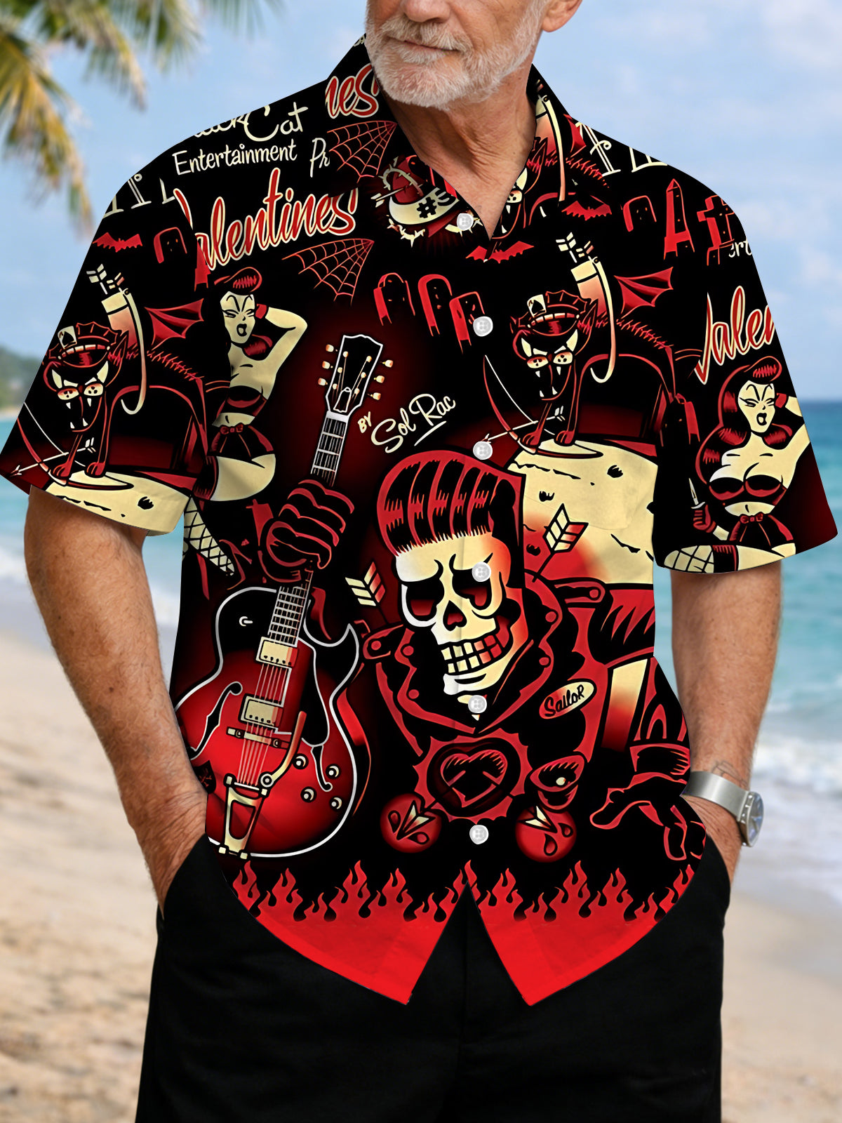 Rock Skull Print Men's Pocket Short Sleeve Shirts
