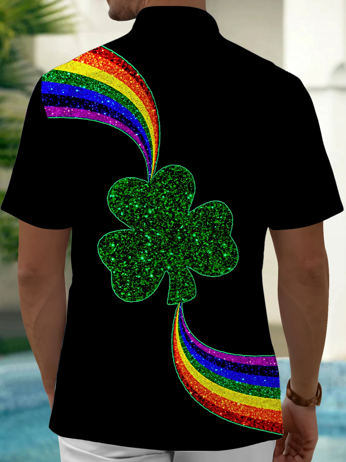 Rainbow Clover Print Men's Pocket Short Sleeve Shirts