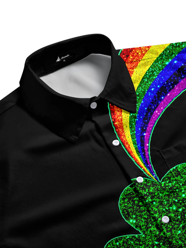 Rainbow Clover Print Men's Pocket Short Sleeve Shirts