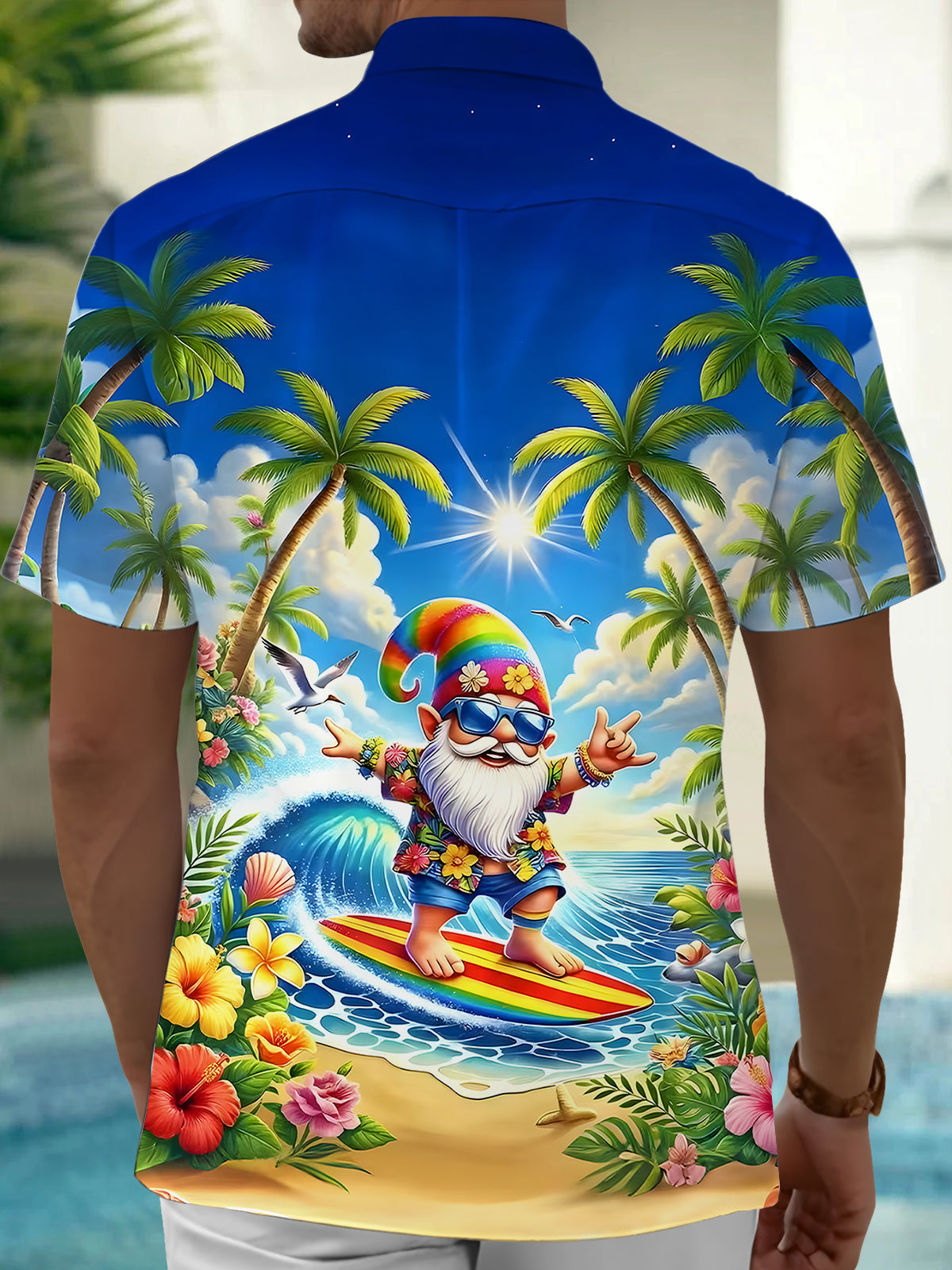 Hawaiian Gnome Surfing Men's Pocket Short Sleeve Shirts