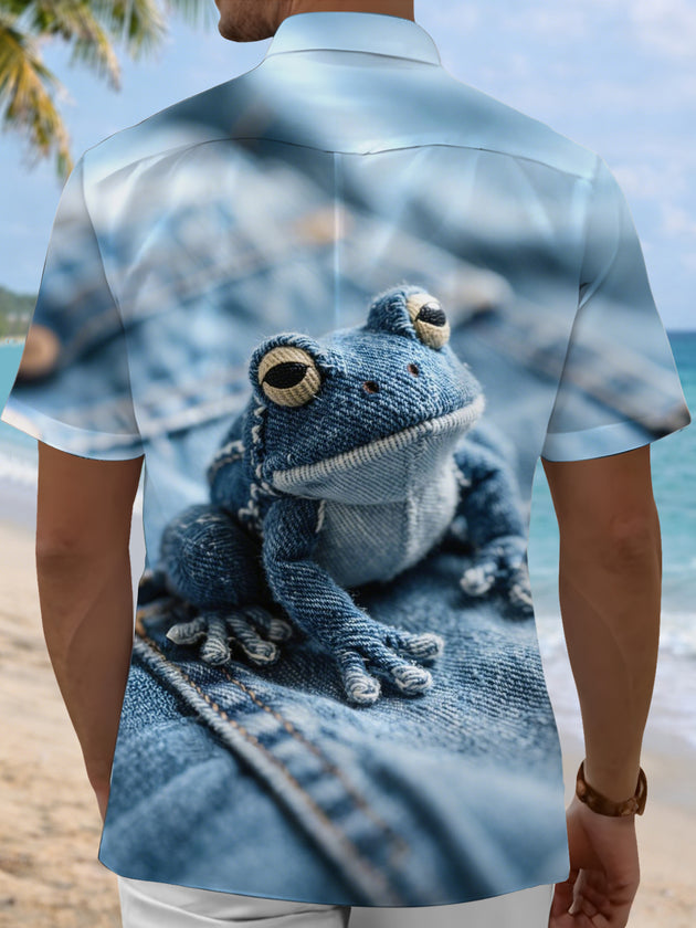 men's green frog print short sleeve shirt back view