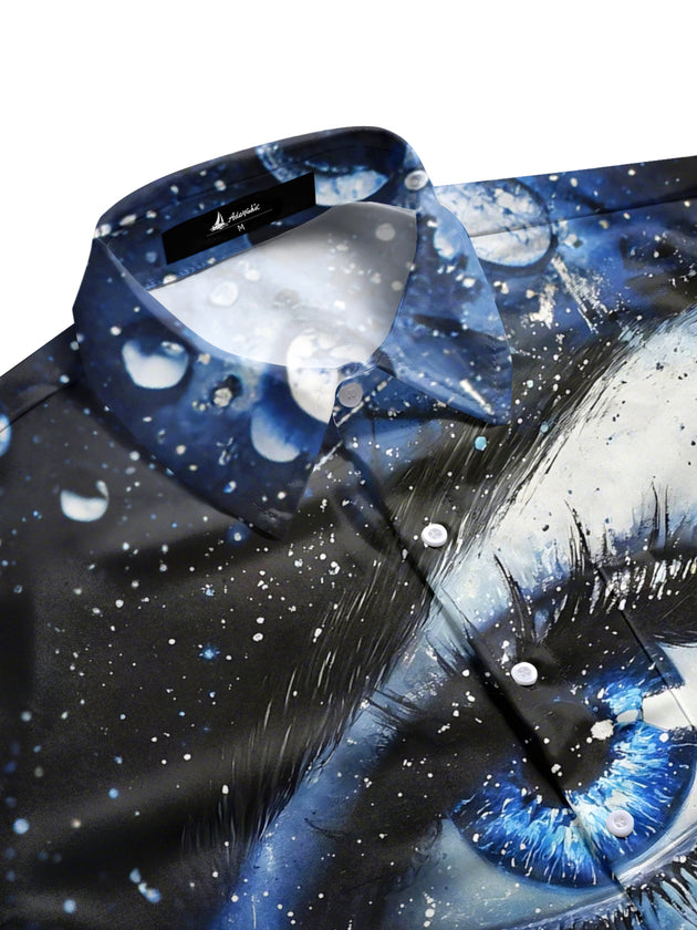 Men's eye print short sleeve shirt side view with pocket detail