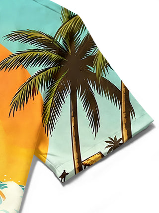 Men's Hawaiian wave print short sleeve shirt detail close-up of fabric texture