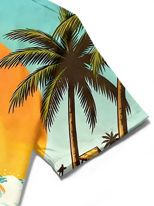 Men's Hawaiian wave print short sleeve shirt detail close-up of fabric texture