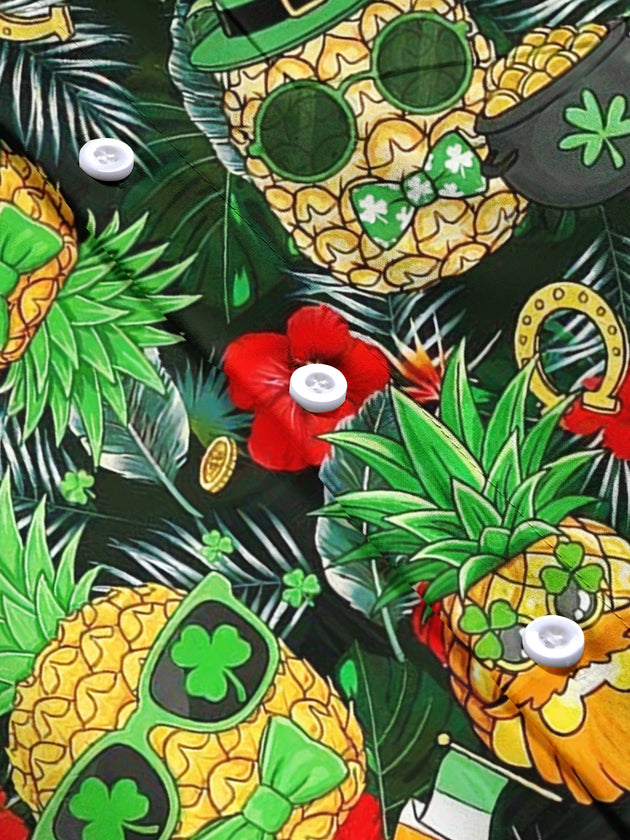 St. Patrick's Day Pineapple Skull Print Men's Pocket Short Sleeve Shirts