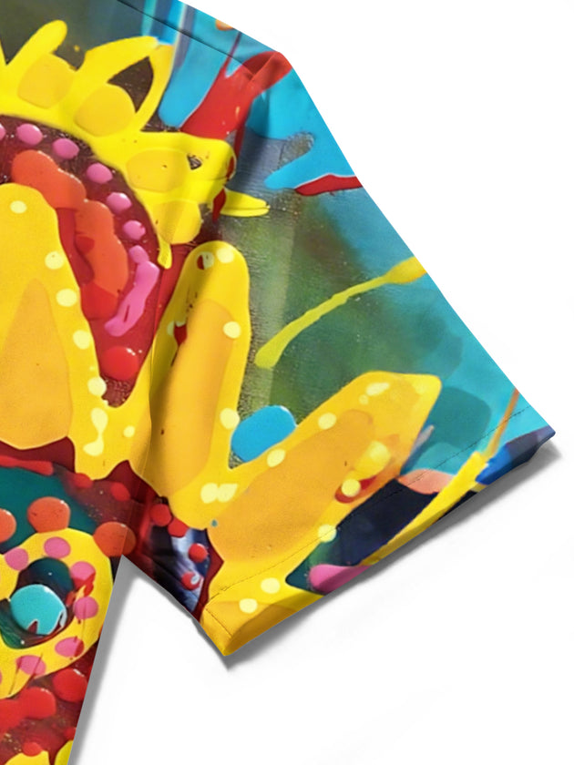 men's sunflower print shirt close-up short sleeve