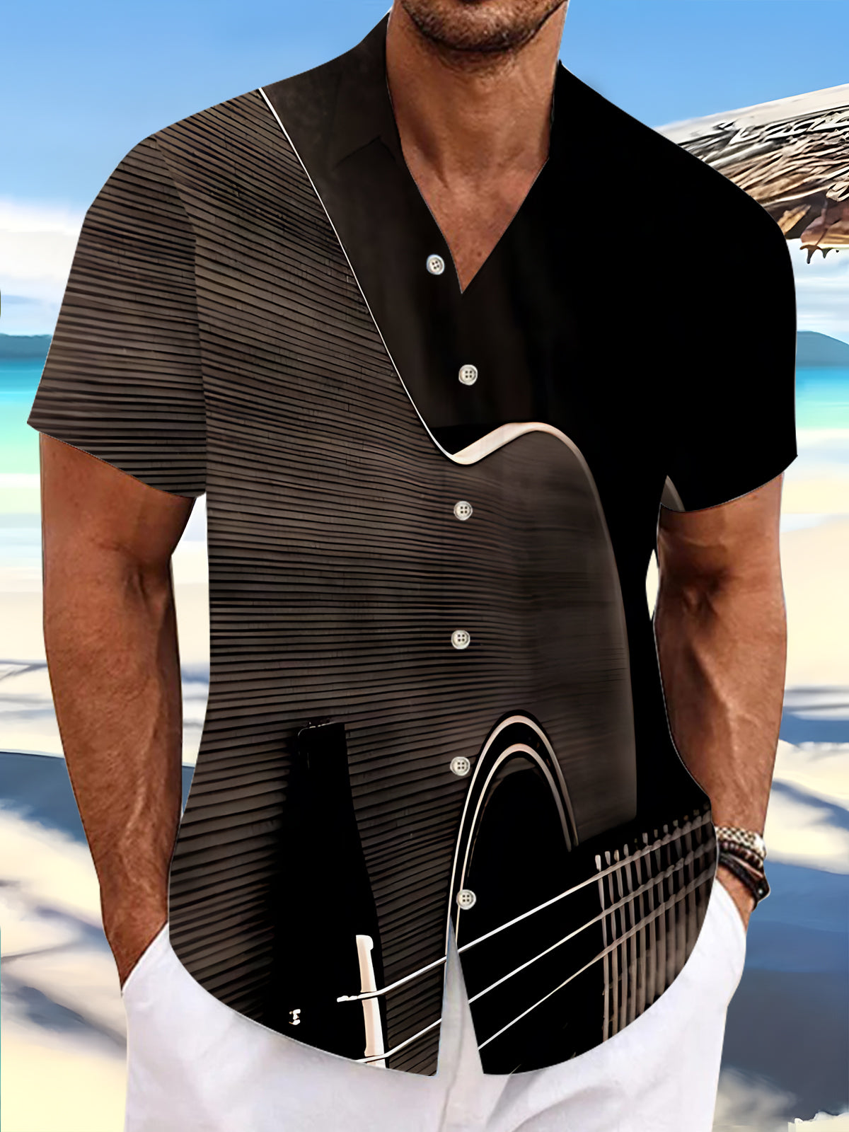 Guitar Print Men's Pocket Short Sleeve Shirts