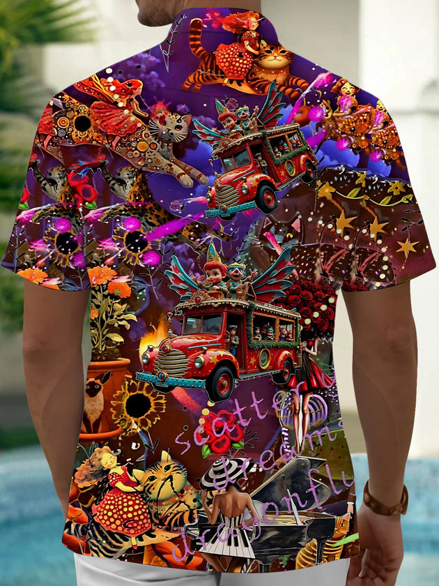 Men's car art print pocket short sleeve shirt back view