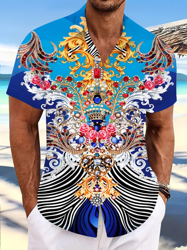 Men's floral short sleeve Hawaiian shirt front view for tropical beach vacation