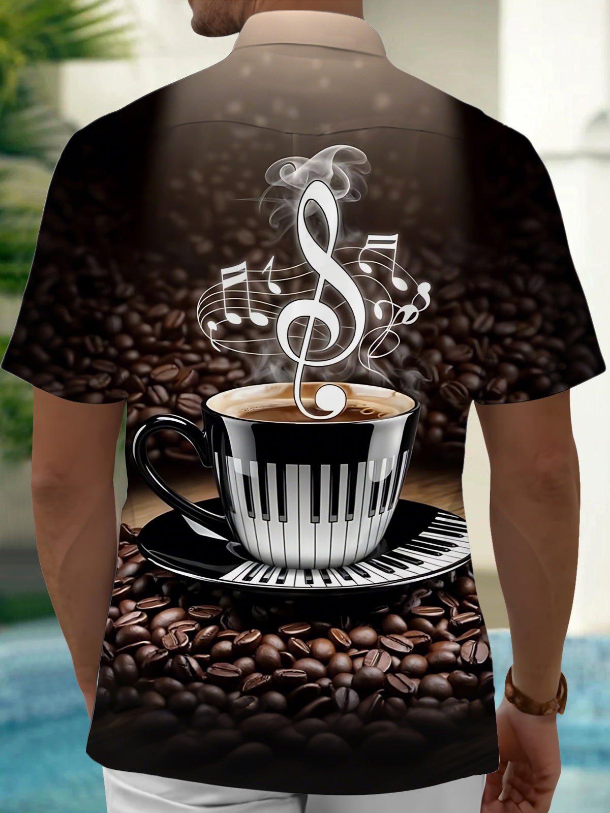 Coffee Note Print Men's Pocket Short Sleeve Shirts