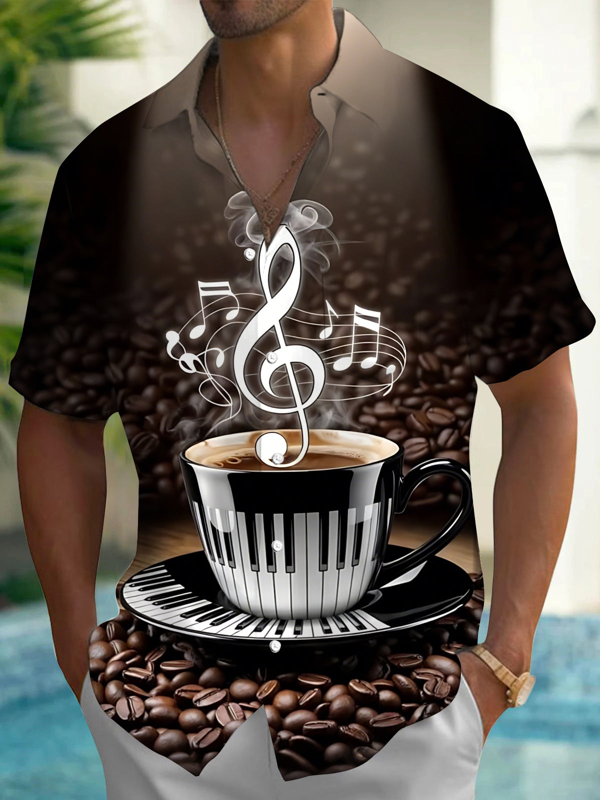 Coffee Note Print Men's Pocket Short Sleeve Shirts