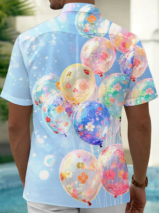 Men's short sleeve shirt with balloon print, back view
