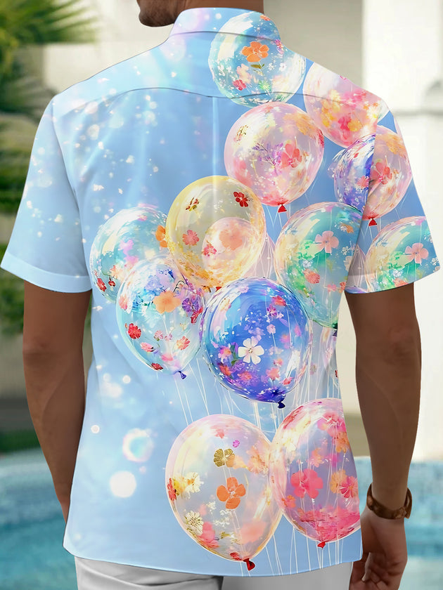 Men's short sleeve shirt with balloon print, back view