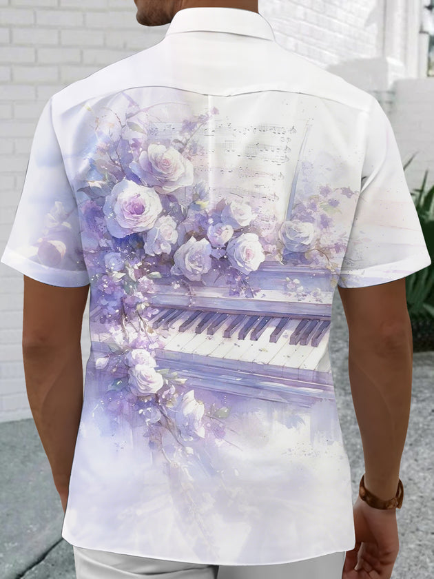 Men's flower piano print pocket short sleeve shirt back view
