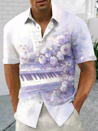 Men's Flower Piano Print Pocket Short Sleeve Shirt Front View