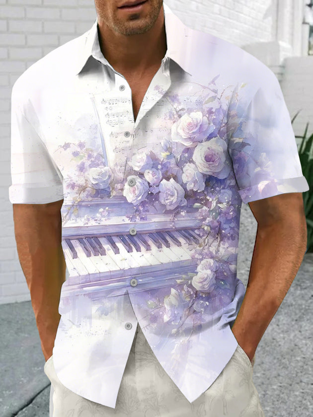 Men's Flower Piano Print Pocket Short Sleeve Shirt Front View