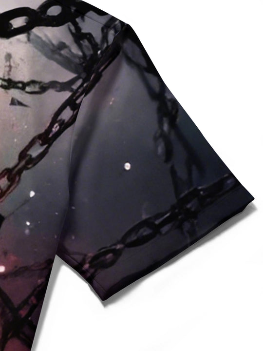 Men's butterfly print short sleeve shirt close-up detail showing fabric texture and stitching