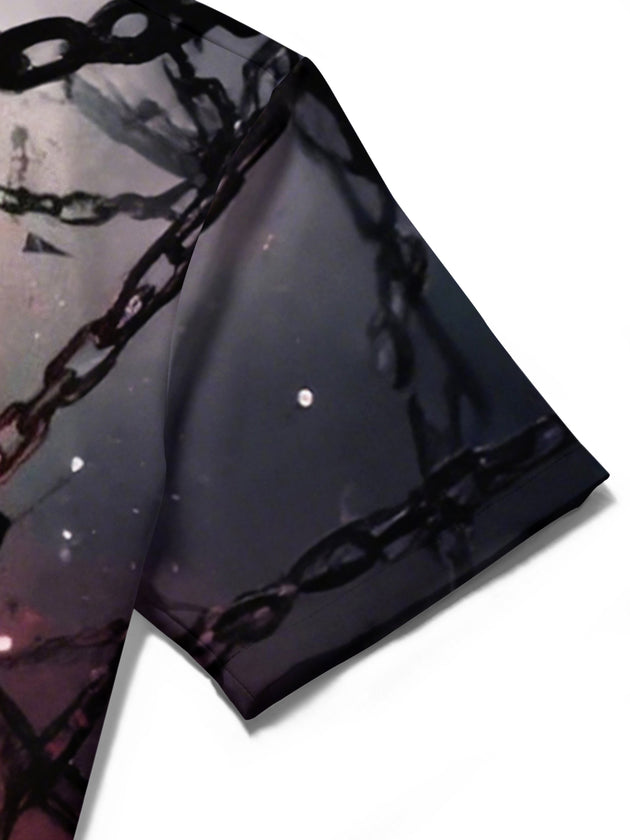 Men's butterfly print short sleeve shirt close-up detail showing fabric texture and stitching