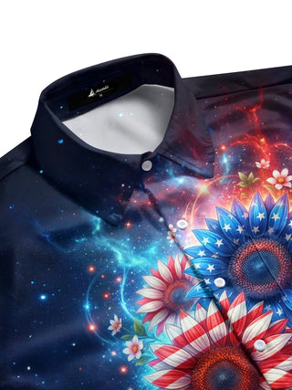 Men patriotic short sleeve shirt side view with sunflower and American flag print