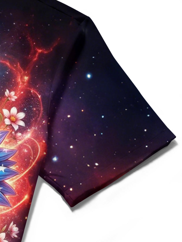 Men's American flag sunflower print short sleeve shirt close-up stitching detail
