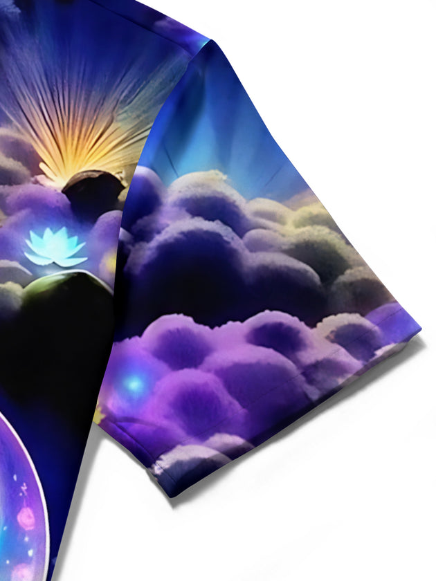 Men's abstract starry sky clouds moon print short sleeve shirt close-up detail