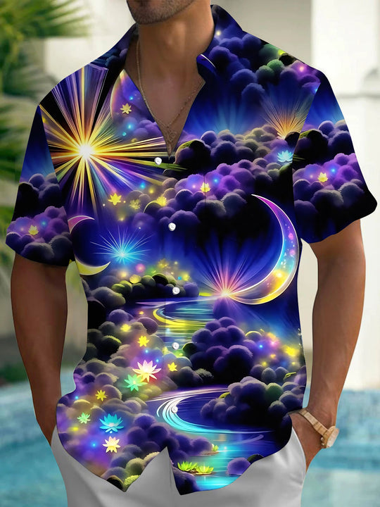Men's Abstract Starry Sky Clouds Moon Print Short Sleeve Shirt Front View