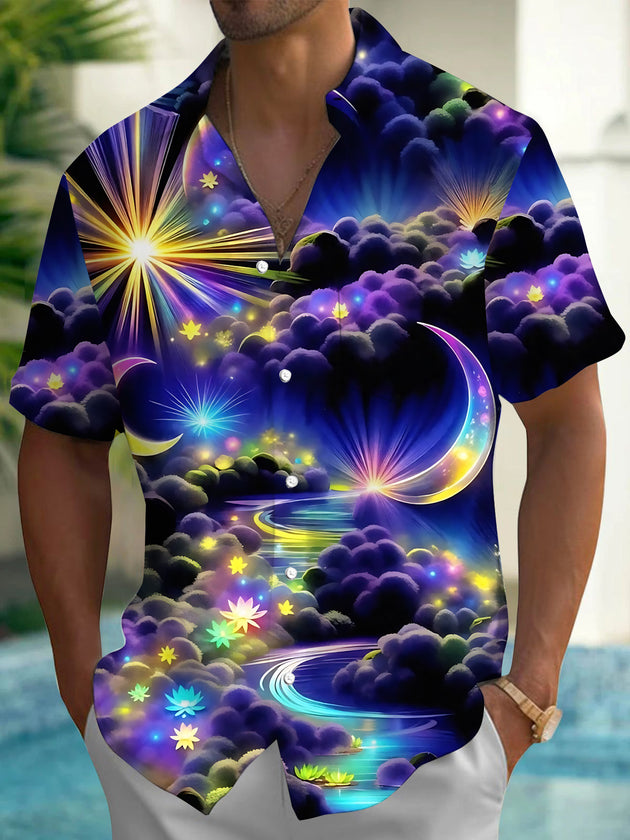 Men's Abstract Starry Sky Clouds Moon Print Short Sleeve Shirt Front View