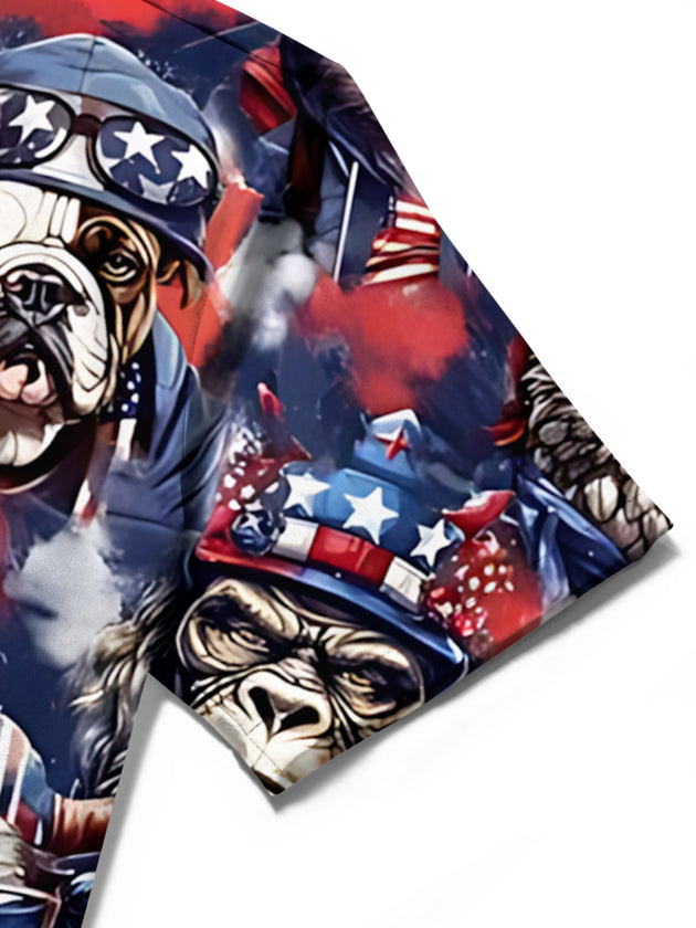 Men's American flag animal print short sleeve shirt chest pocket detail