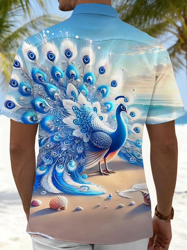 Men's blue peacock print short sleeve shirt back view