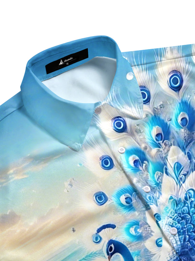 Men's peacock print half sleeve shirt side view coastal