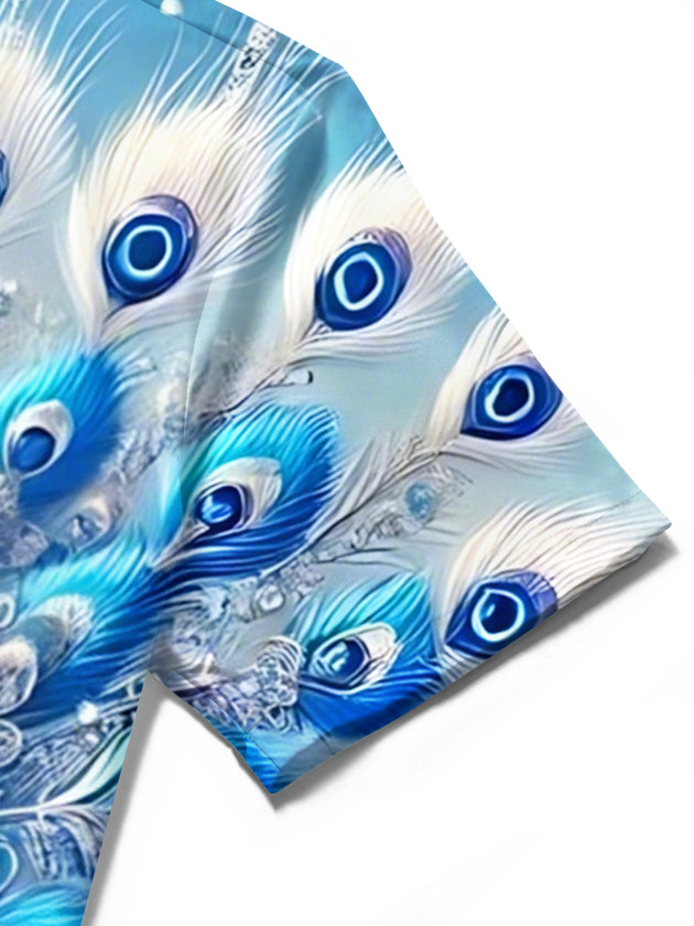 Men's blue peacock print short sleeve shirt close-up detail of fabric texture