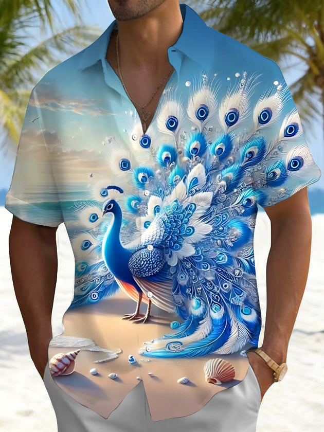 Men's peacock print short sleeve shirt front view for beach vacation