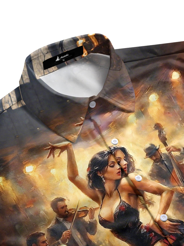 men's guitar print shirt side view